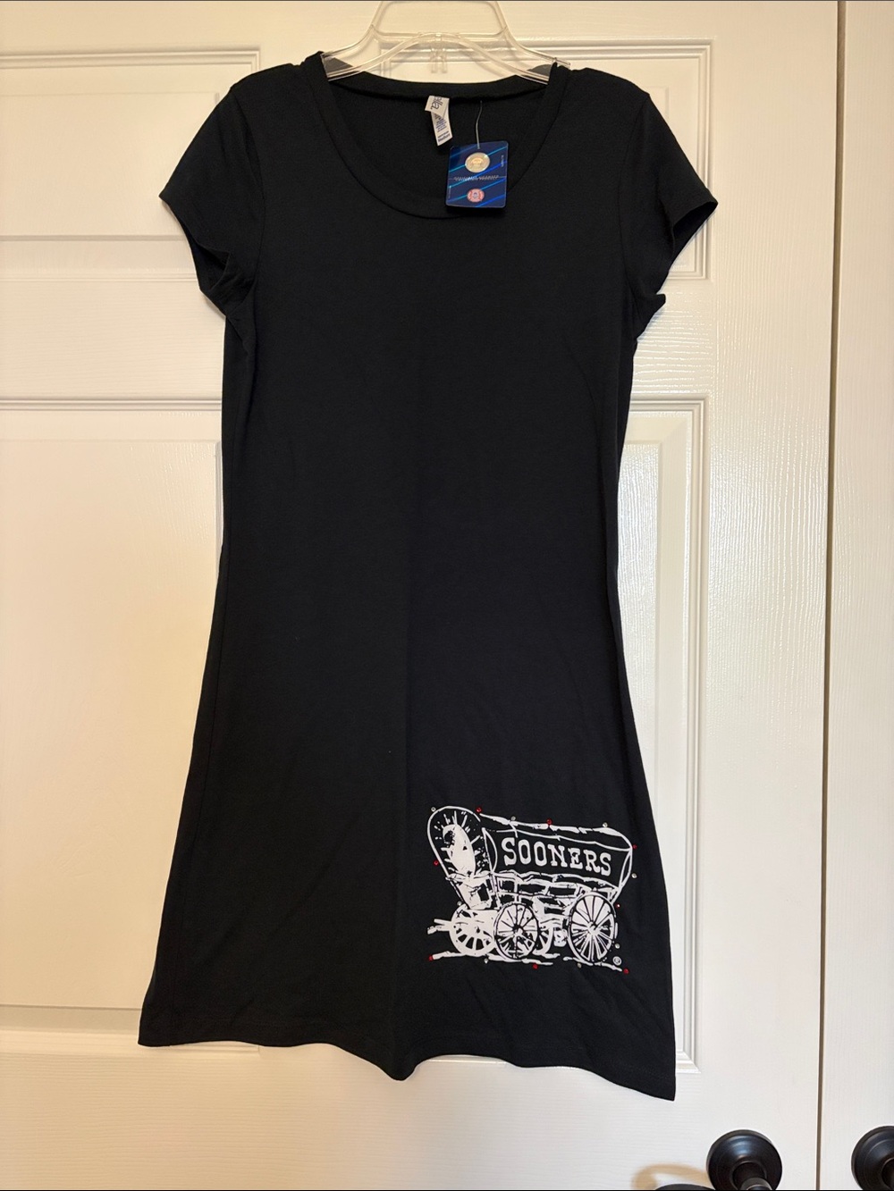Ella Black Mini Dress with OU White Sooner Wagon Graphic.